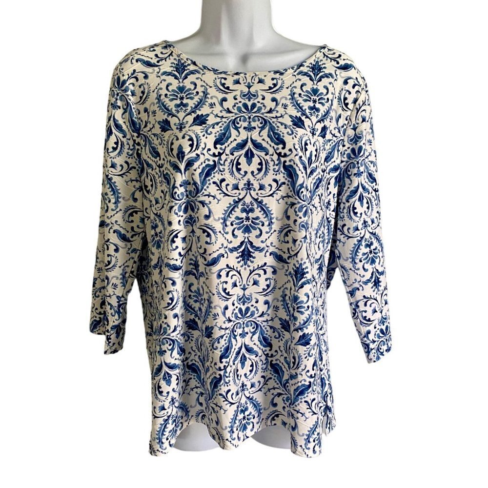 Juniper + Lime Women's Jacquard Blue White 3/4 Sleeve Top Medium NEW NWT